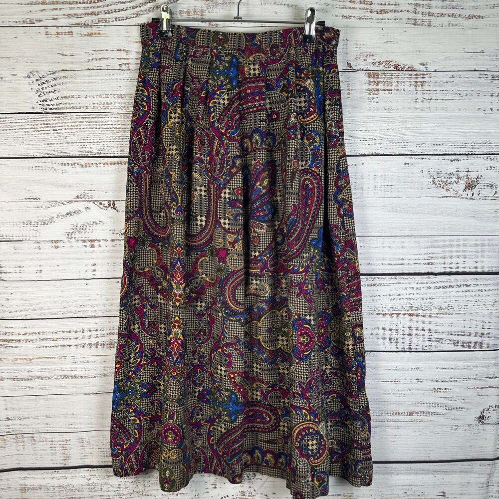Womens VTG Lord & Taylor Black Herringbone Paisley Maxi Full Flowy Skirt USA 10